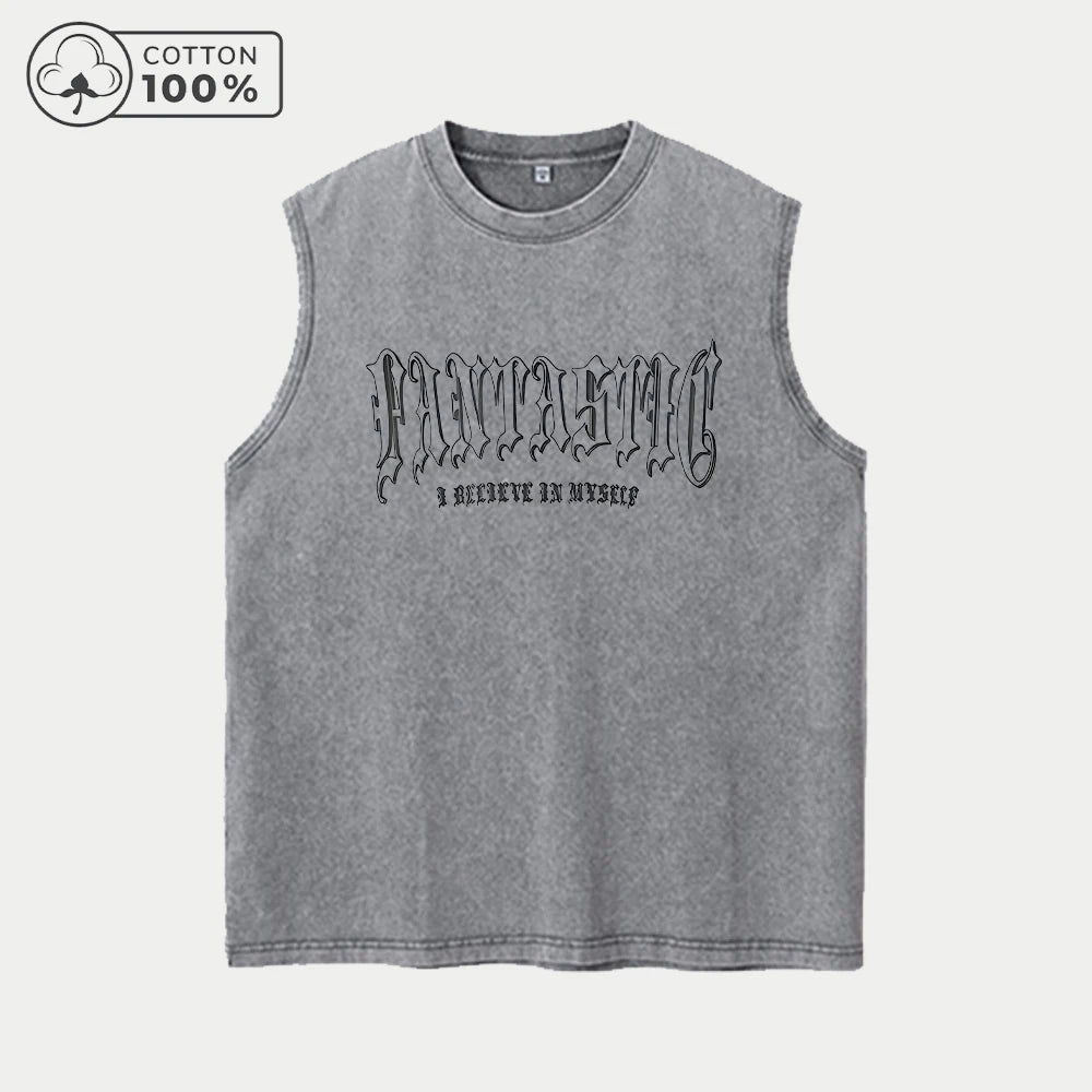 Men's Star And Letter Print Washed Vest Retro Street Style Loose Fitting Pure Cotton Sleeveless Top Summer Gym And Commute Vest