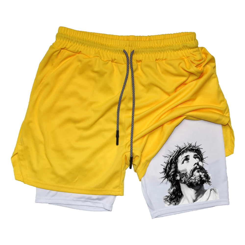 Men's Quick-Drying Athletic Shorts With Jesus Head Print Multiple Pockets Suitable For Fitness Training And Everyday Wear