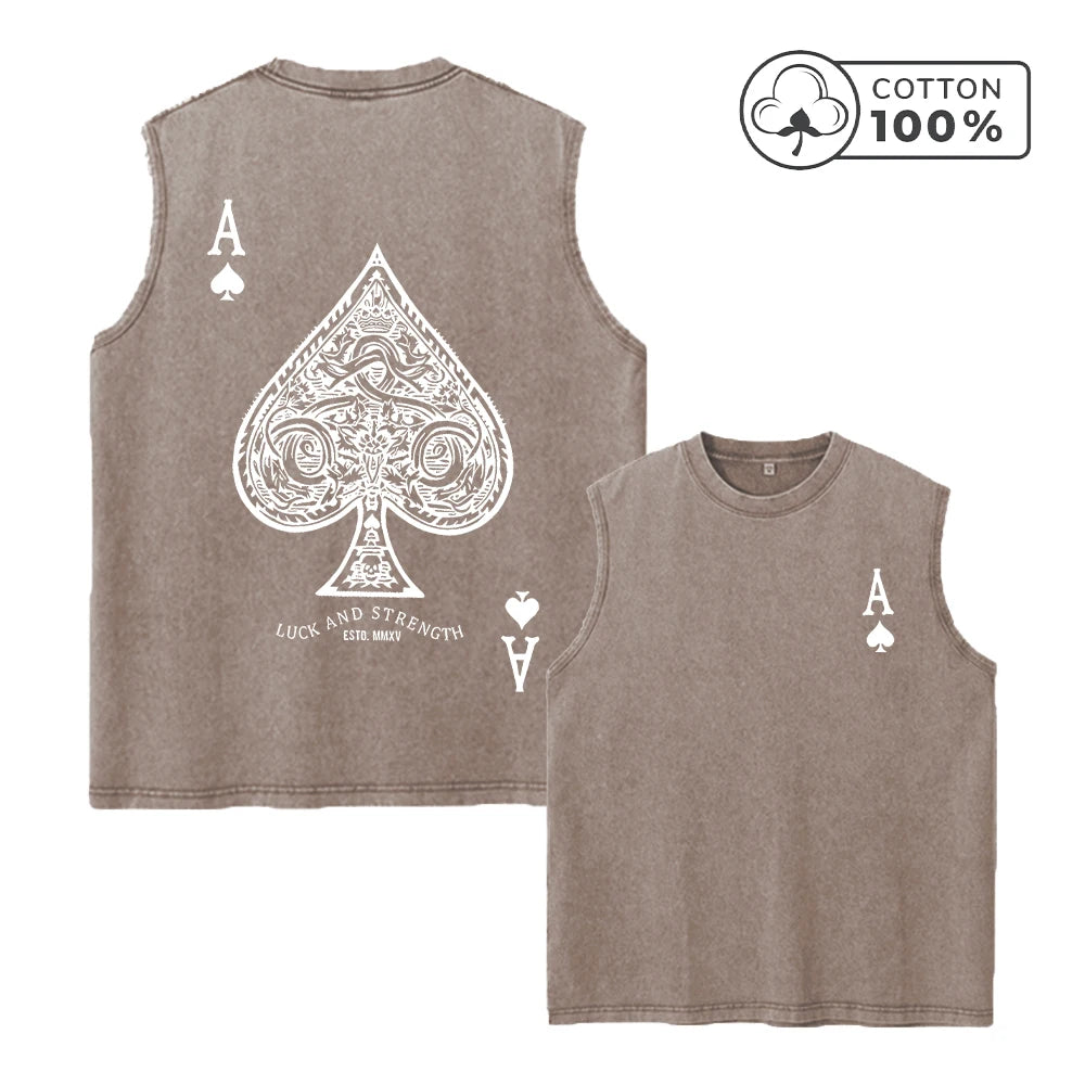 Men's Gothic Style Spade Ace Print Vintage Washed Vest Summer Gym Commuter Top Distressed Casual Fashion Pure Cotton Vest