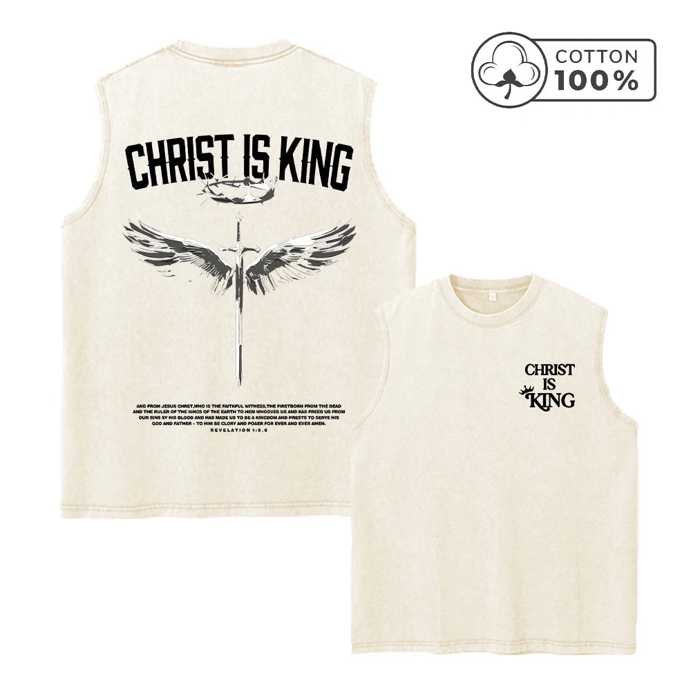 Men's Heavyweight Pure Cotton Washed Sleeveless Vest Trendy Crown And Sword Print Top Retro Distressed 2026 Street Style Vest