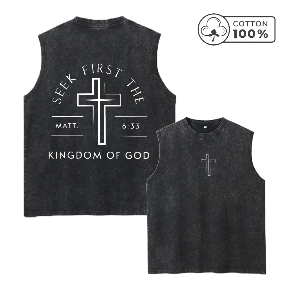 Men's Distressed Washed Vest With Prayer And Cross Print Summer Pure Cotton Casual Sleeveless T-Shirt Vintage Street Style Top