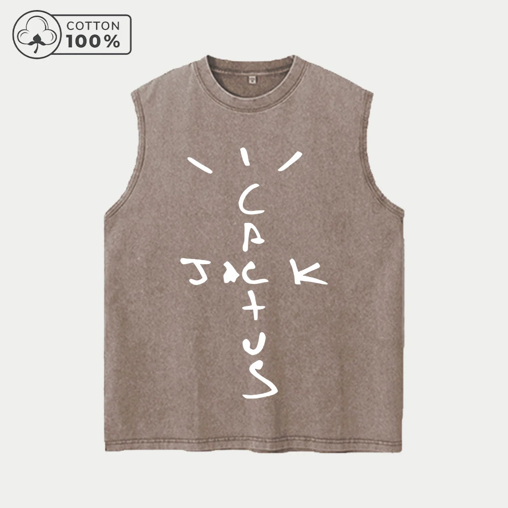 Men's Fashion Washed Vest With Cartoon Word Print Pure Cotton Sleeveless Fitness T Shirt Loose Fit Casual Commuter Sports Top