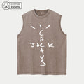 Men's Fashion Washed Vest With Cartoon Word Print Pure Cotton Sleeveless Fitness T Shirt Loose Fit Casual Commuter Sports Top