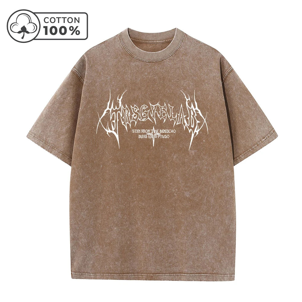 Men's Retro Distressed Washed T-Shirt Pure Cotton Loose Fit Casual Short Sleeve Dark Gothic Text Print Stylish Commuter Top