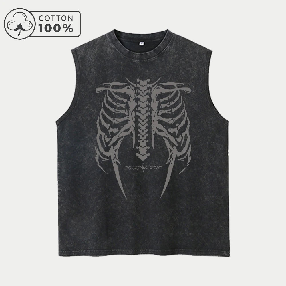 Men's Unique Chestbone Print Washed Vest Retro Pure Cotton Sleeveless Top Casual Loose Fitting Summer Fitness Commute Vest