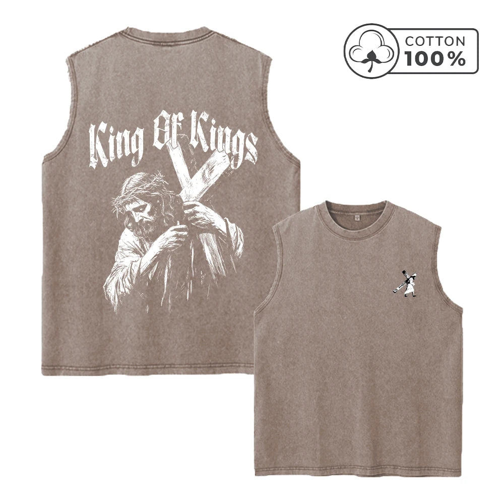 Men's Distressed Washed Vest With Jesus Cross Print Summer Pure Cotton Casual Sleeveless T-Shirt Vintage Street Style Top