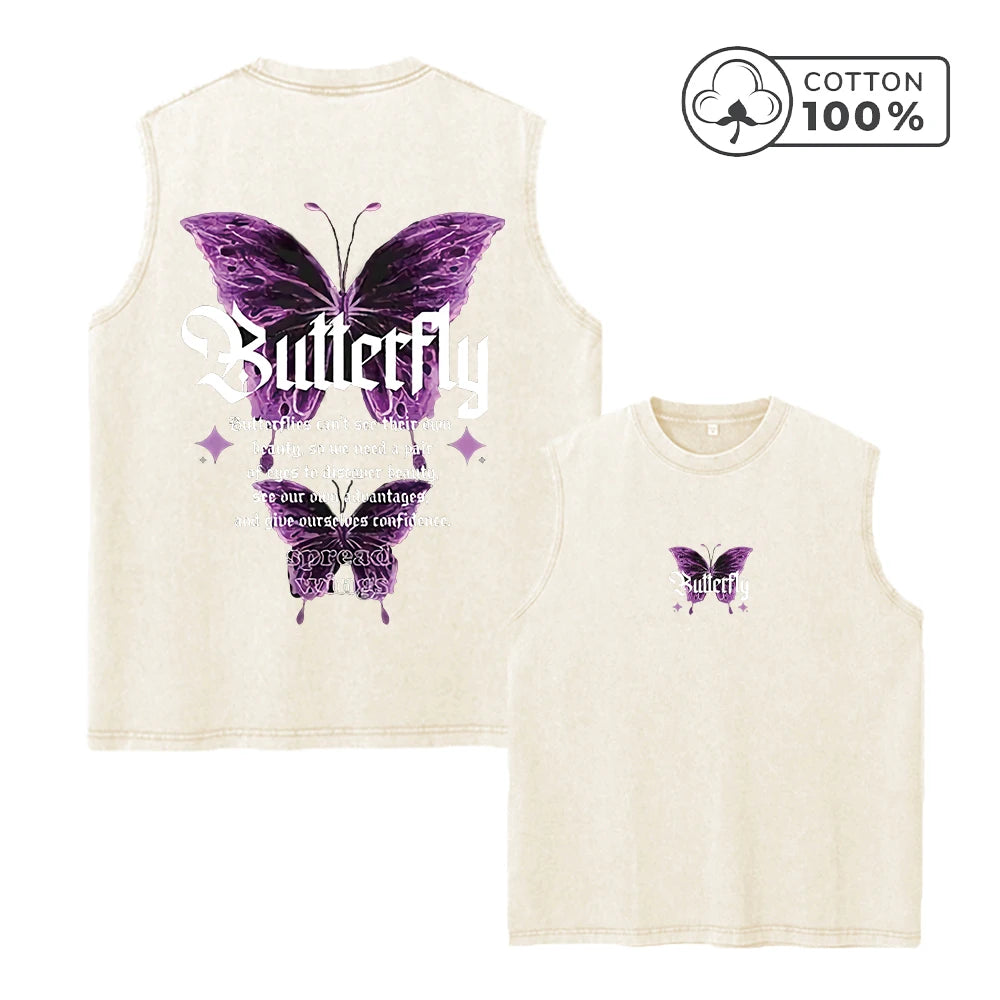 Men's Unique Butterfly And Letter Print Washed Vest Summer Fitness And Commute Top Distressed Casual Fashion Pure Cotton Vest