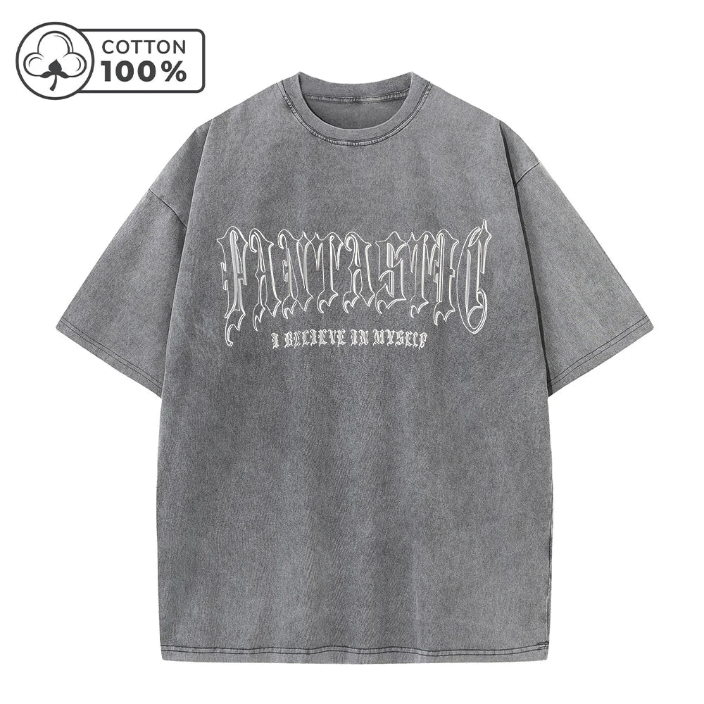 Men's Hollowed Out Letter Print Retro Washed T-Shirt Street Fashion Summer Trend Pure Cotton Short Sleeved Fitness Training Top