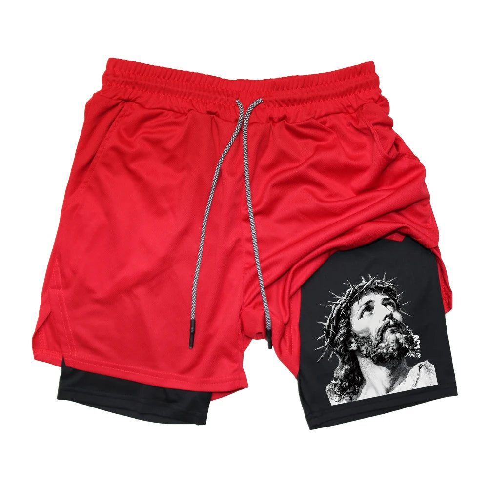 Men's Quick-Drying Athletic Shorts With Jesus Head Print Multiple Pockets Suitable For Fitness Training And Everyday Wear