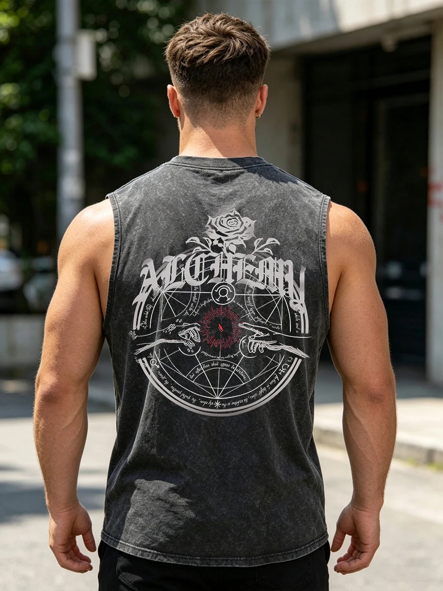 Men's Fashion Retro Washed Vest Summer Fitness Loose Casual Sleeveless T-Shirt With Personalized Pattern Print Pure Cotton Vest
