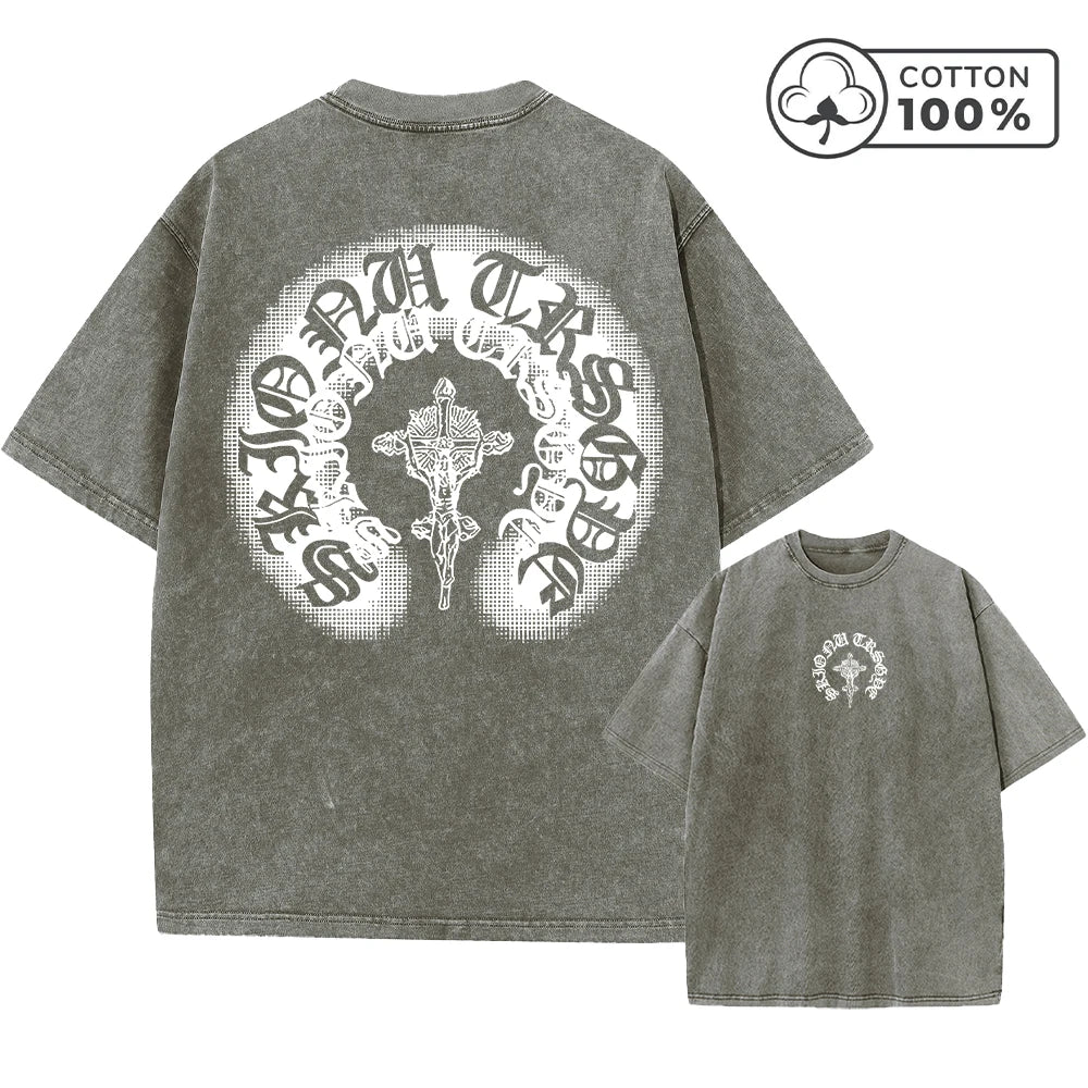 Men's Distressed Pure Cotton Washed T-Shirt With Cross Badge Print Loose Fit Casual Short Sleeve Everyday Street Style Gym Top