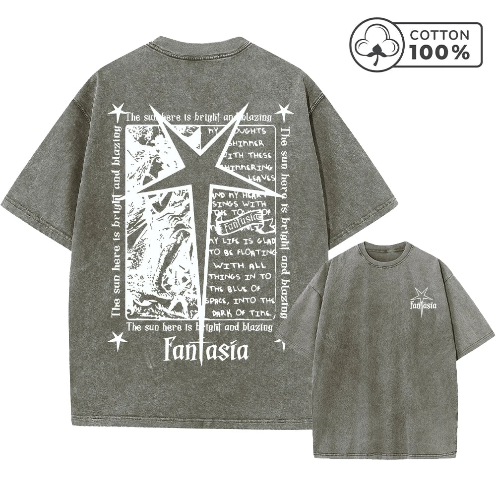 Men's Distressed Pure Cotton Washed T-Shirt With Fantasia Star And Text Print Short Sleeve Loose Fit Casual Daily Wear Gym Top