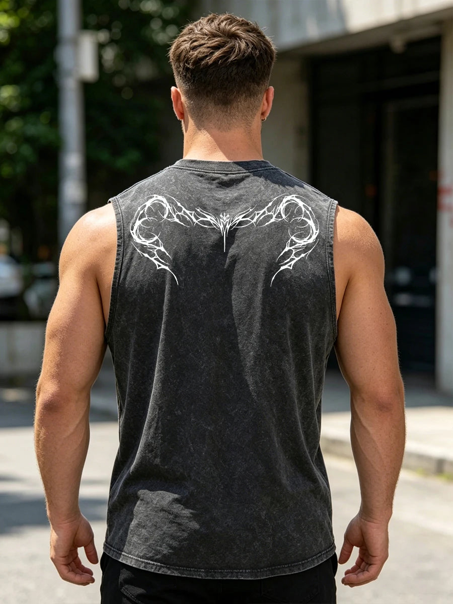 Men's Unique Thorn And Sheep Bone Print Fashion Retro Washed Vest Summer Fitness Loose Casual Pure Cotton Sleeveless T-Shirt