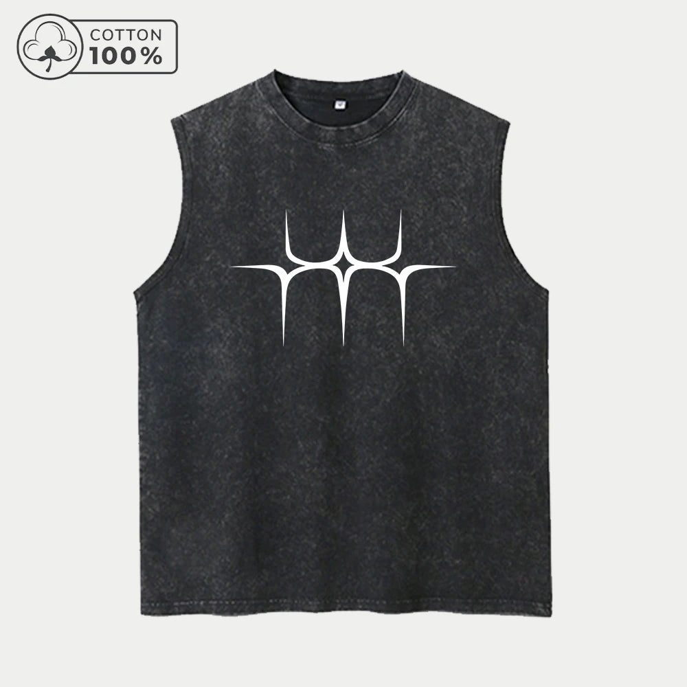 Men's Star Print Distressed Washed Vest Pure Cotton Breathable T-Shirt Summer Outdoor Fitness Running Casual Sleeveless Vest