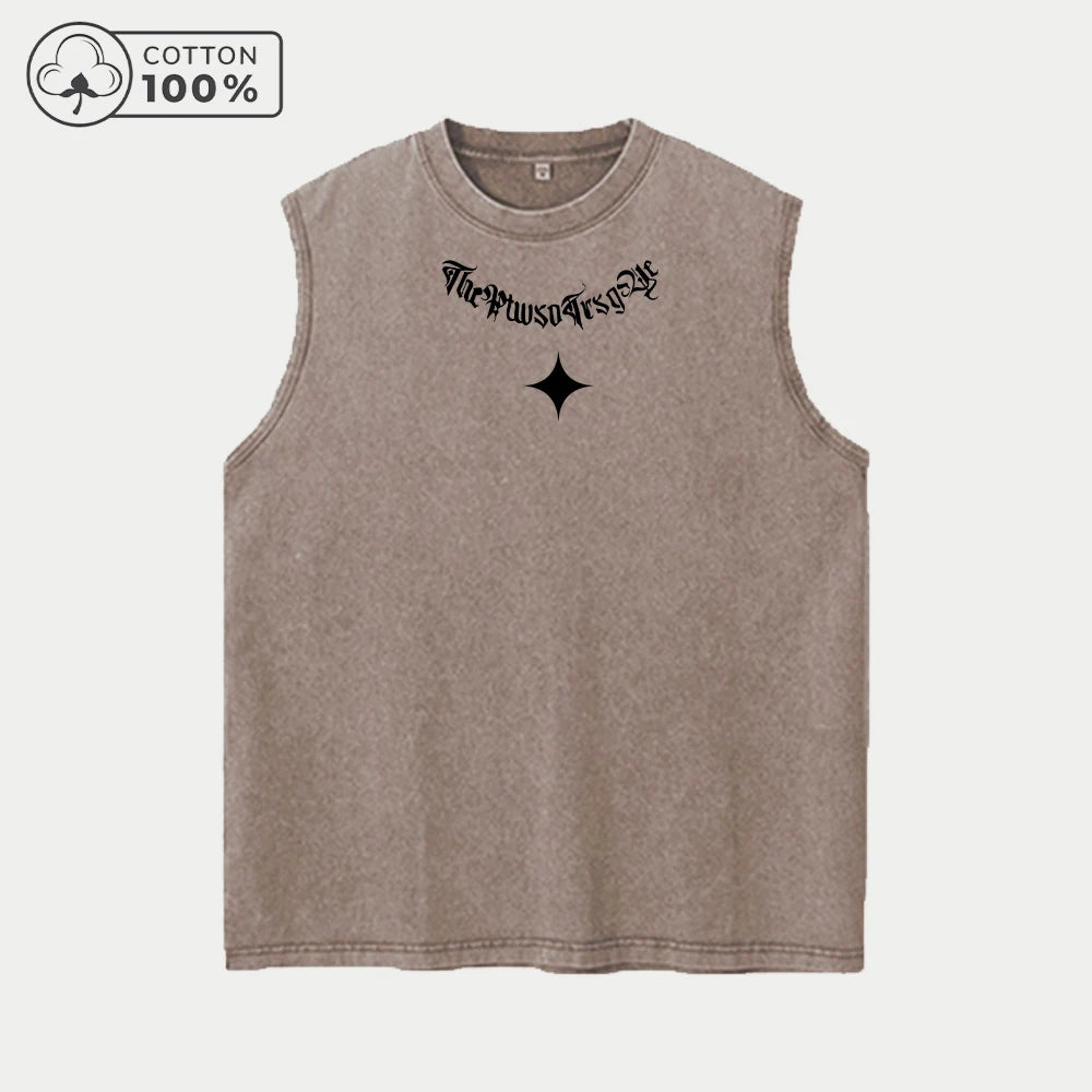 Men's Heavyweight Pure Cotton Washed Sleeveless Vest Fashionable Gothic Print Top Distressed Breathable Vest 2026 New Arrival