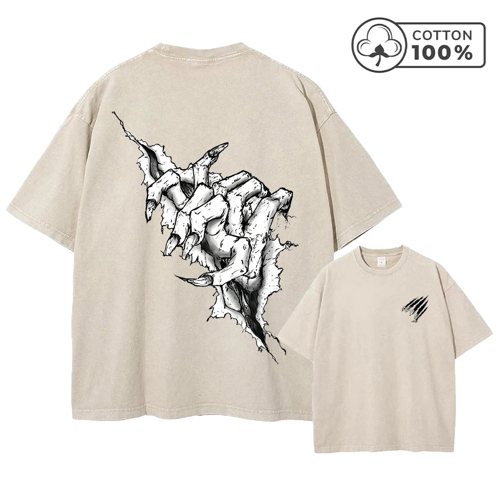 Men's Distressed Washed T-Shirt With Ripped Claw Print Vintage Pure Cotton Short Sleeve Comfortable And Breathable Training Top