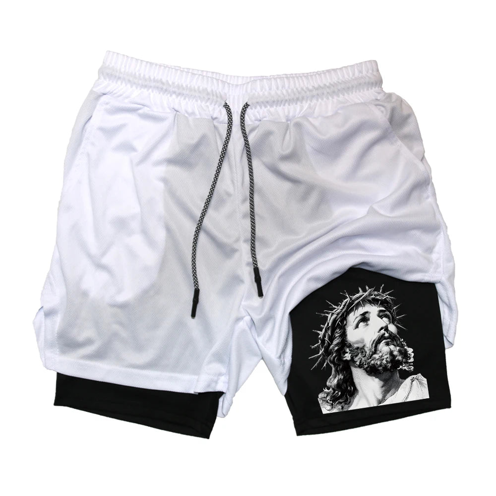 Men's Quick-Drying Athletic Shorts With Jesus Head Print Multiple Pockets Suitable For Fitness Training And Everyday Wear