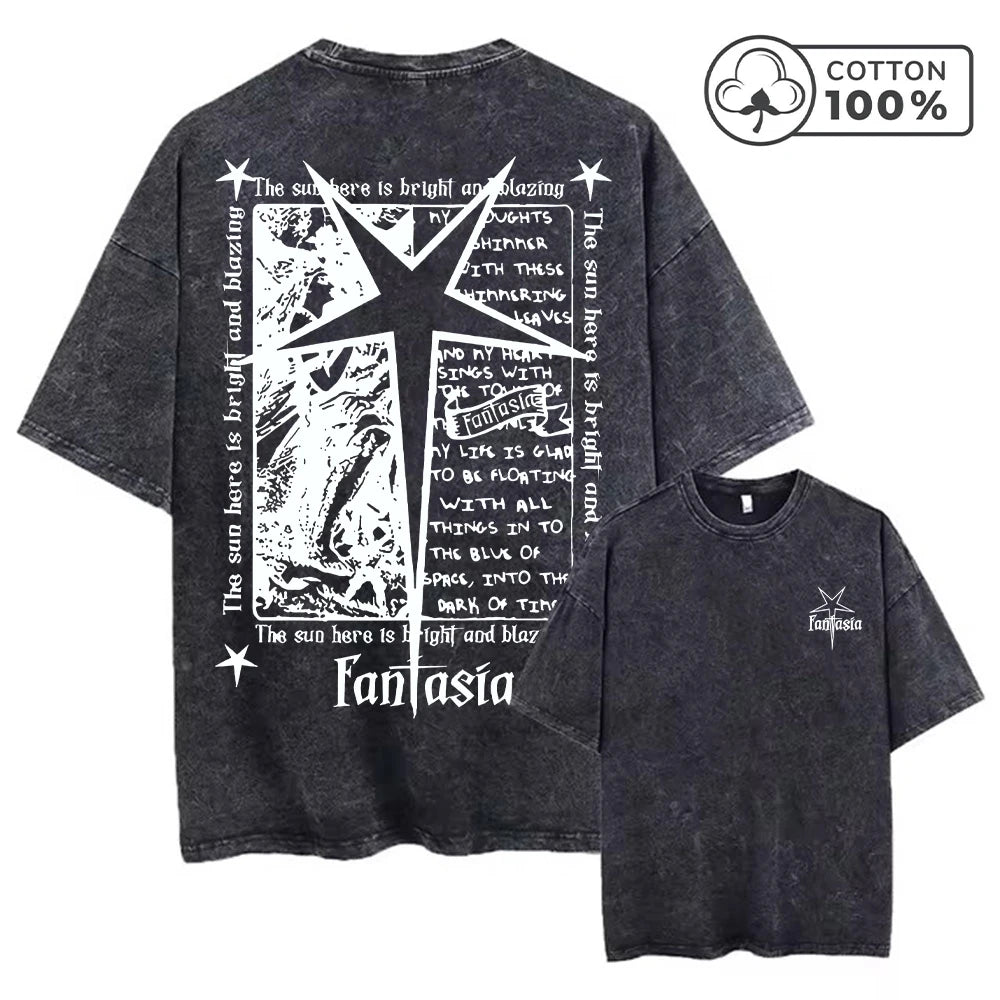 Men's Distressed Pure Cotton Washed T-Shirt With Fantasia Star And Text Print Short Sleeve Loose Fit Casual Daily Wear Gym Top