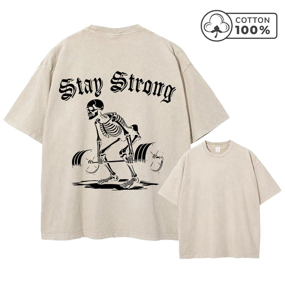 Men's Creative Skull Weightlifting Print Washed T-Shirt Trendy Fitness Top Summer Casual Pure Cotton Breathable Short Sleeve Top