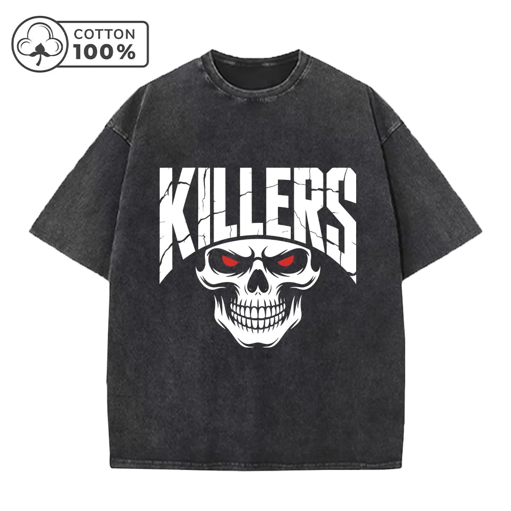 Men's Fashion Street Retro Washed T-Shirt With Red Eye Skull Print Summer Casual Pure Cotton Breathable Short Sleeve Top