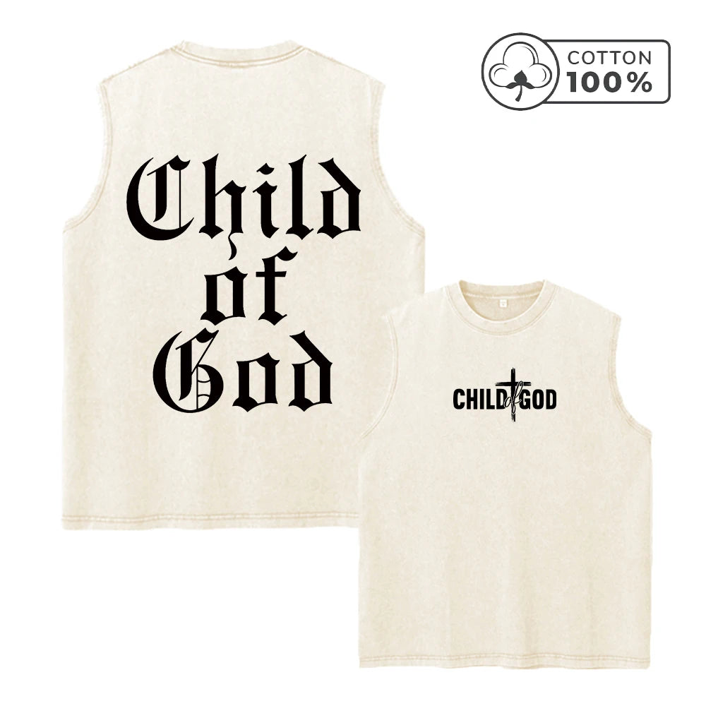 Men's Retro Washed Vest Gothic Style Child Of God Print Pure Cotton Casual Sleeveless T-Shirt Distressed Street Style Top