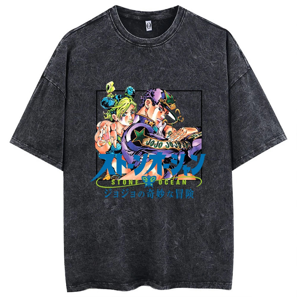 Y2k Washed T-shirts For Men Anime JoJo's Bizarre Adventure Short Tshirts Women Tops Graphic Printed TShirt Short Sleeve Unisex
