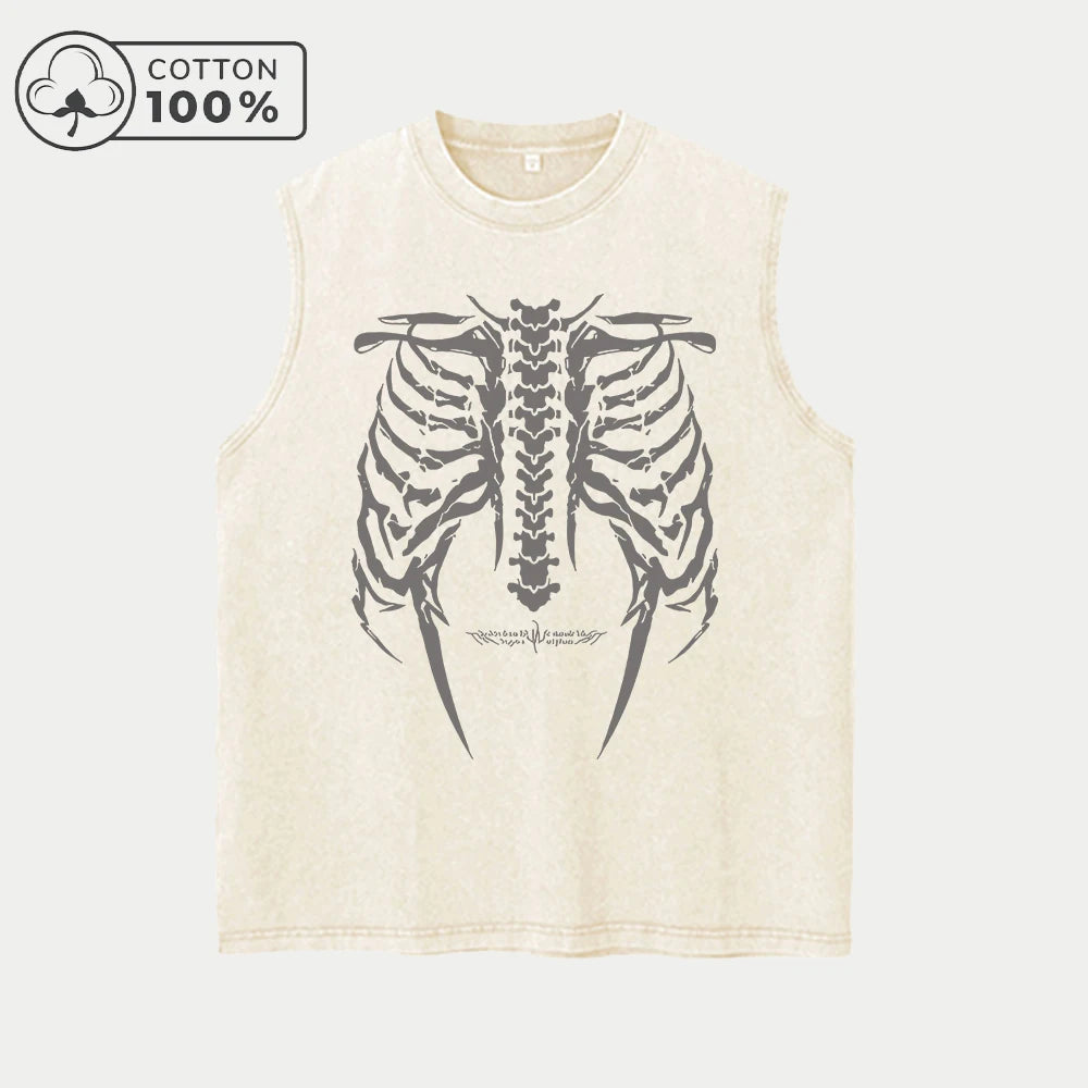 Men's Unique Chestbone Print Washed Vest Retro Pure Cotton Sleeveless Top Casual Loose Fitting Summer Fitness Commute Vest