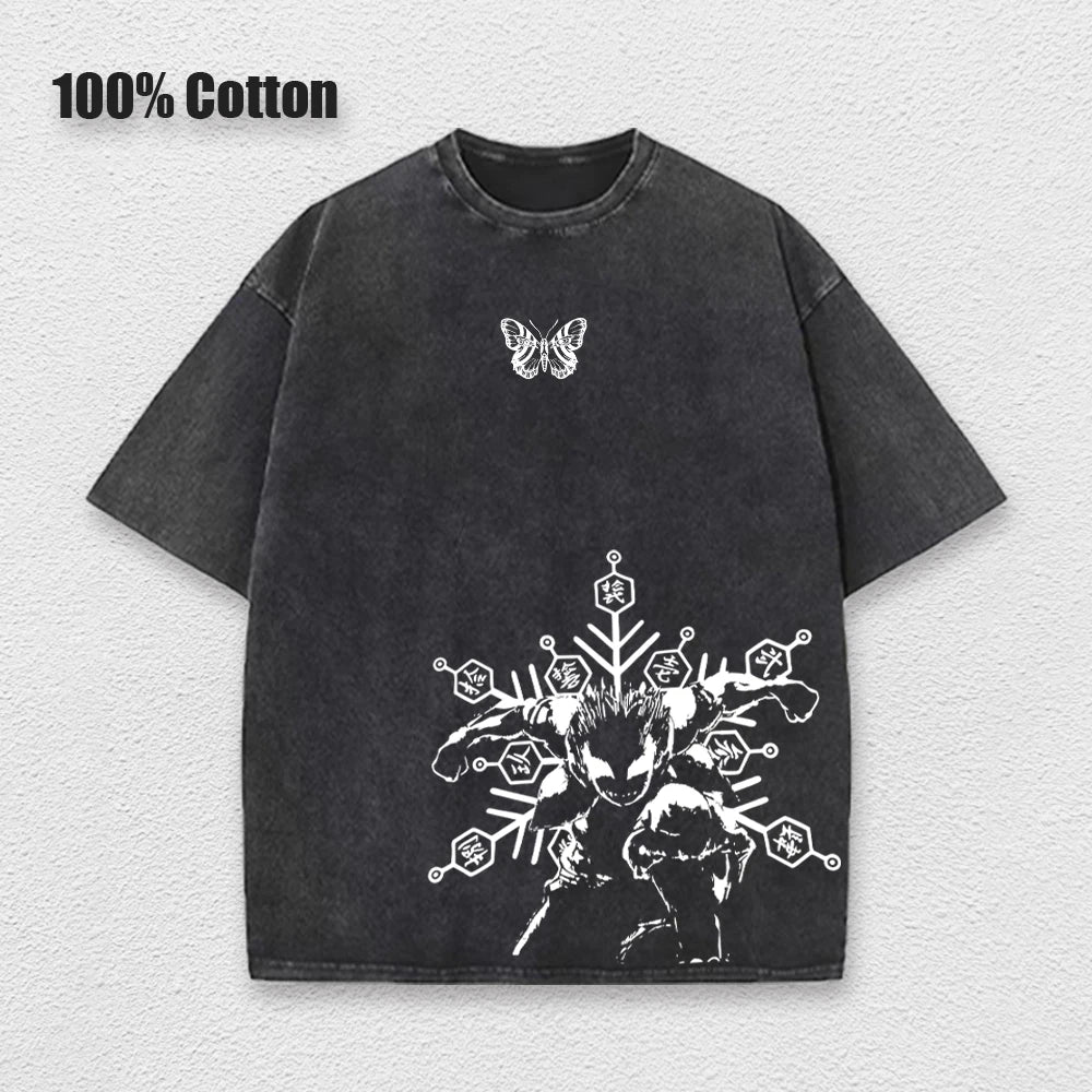 Anime Printed Washed Tshirt Demon Slayer Akaza Poster Performance Top Men Retro Harajuku Style Pullover Short Sleeves Unisex
