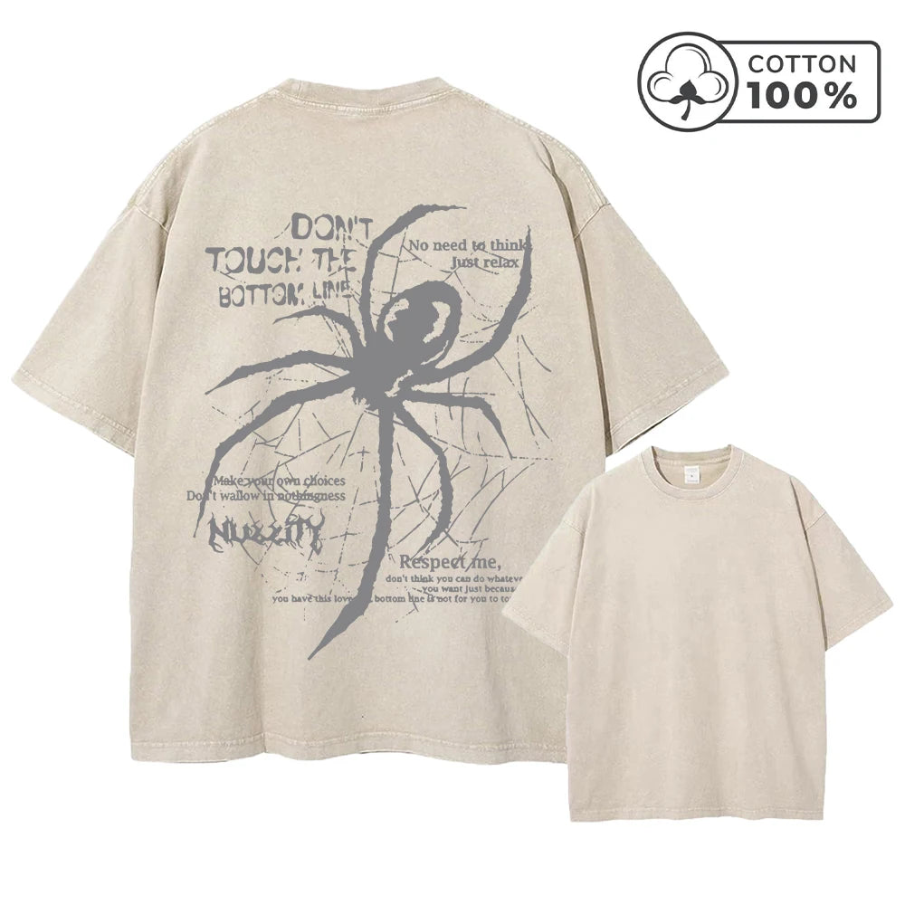 Men's Distressed Washed T-Shirt With Spider Print Retro Pure Cotton Short Sleeve Comfortable And Breathable Training Top