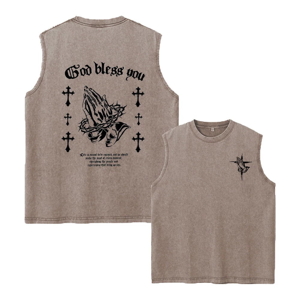 Summer Casual Printed Washed Vest Loose Fitting Casual Fashionable Retro Pure Cotton Sleeveless Vest Street Style Unisex