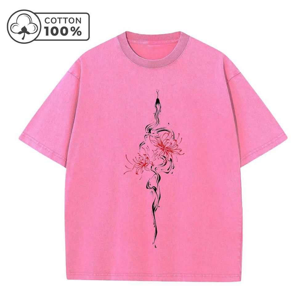 Men's Retro Casual Washed T-Shirt Summer Fashion Snake And Flower Print Pure Cotton Crew Neck Short Sleeve Street Commuter Top