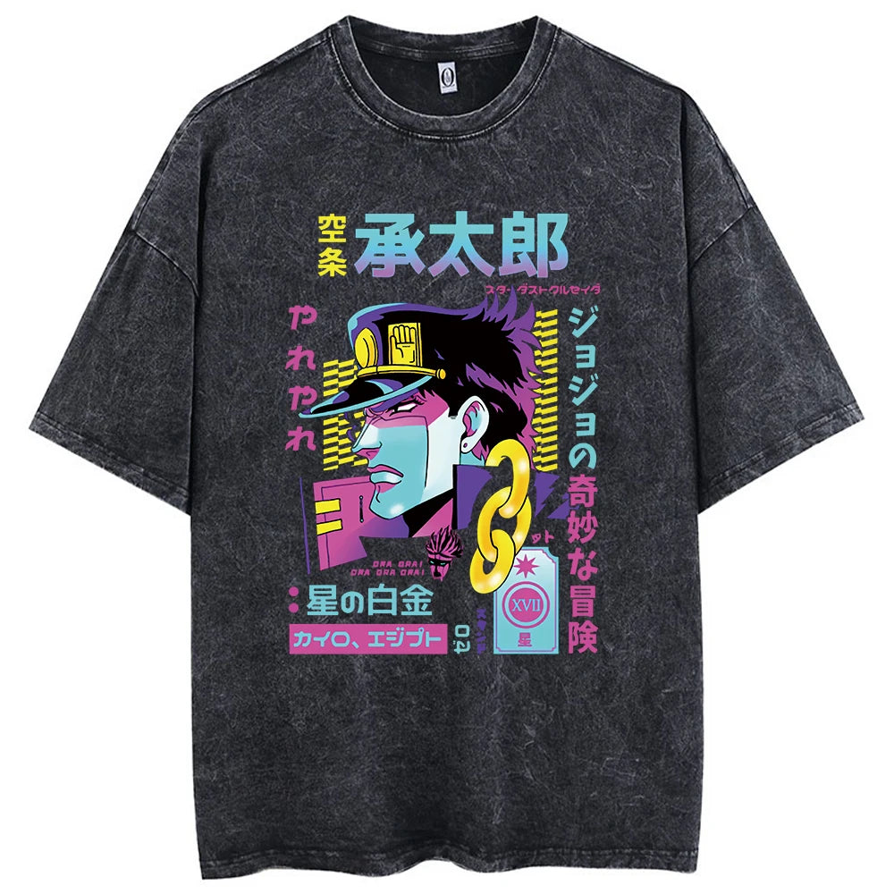 Y2k Washed T-shirts For Men Anime JoJo's Bizarre Adventure Short Tshirts Women Tops Graphic Printed TShirt Short Sleeve Unisex