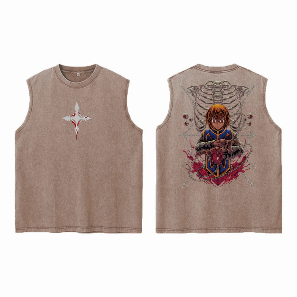 Anime Hunter X Hunter Acid Vest Retro Vintage Printed Washed Graphic Vest Men Harajuku Y2k Cotton Casual Tshirt Tops Unisex