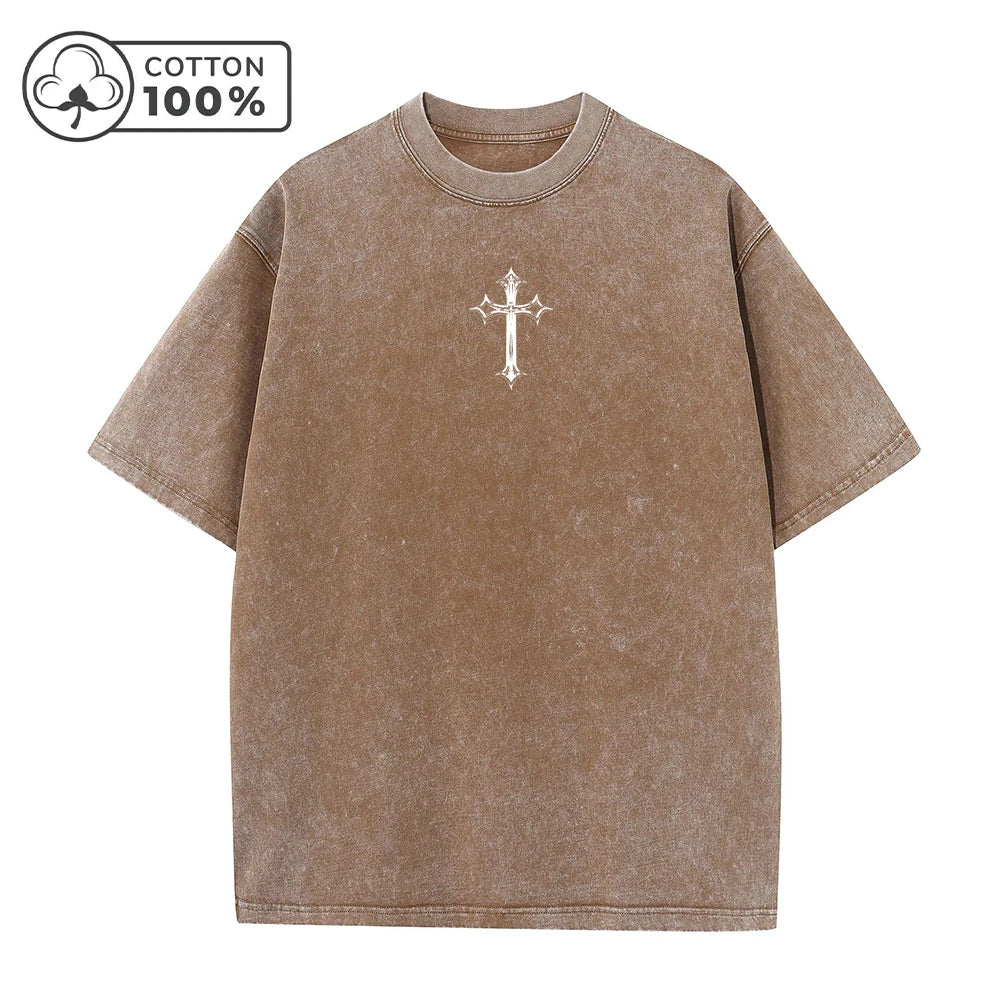 Men's Distressed Washed T-Shirt With Cross Print Retro Pure Cotton Short Sleeve Comfortable And Breathable Training Top