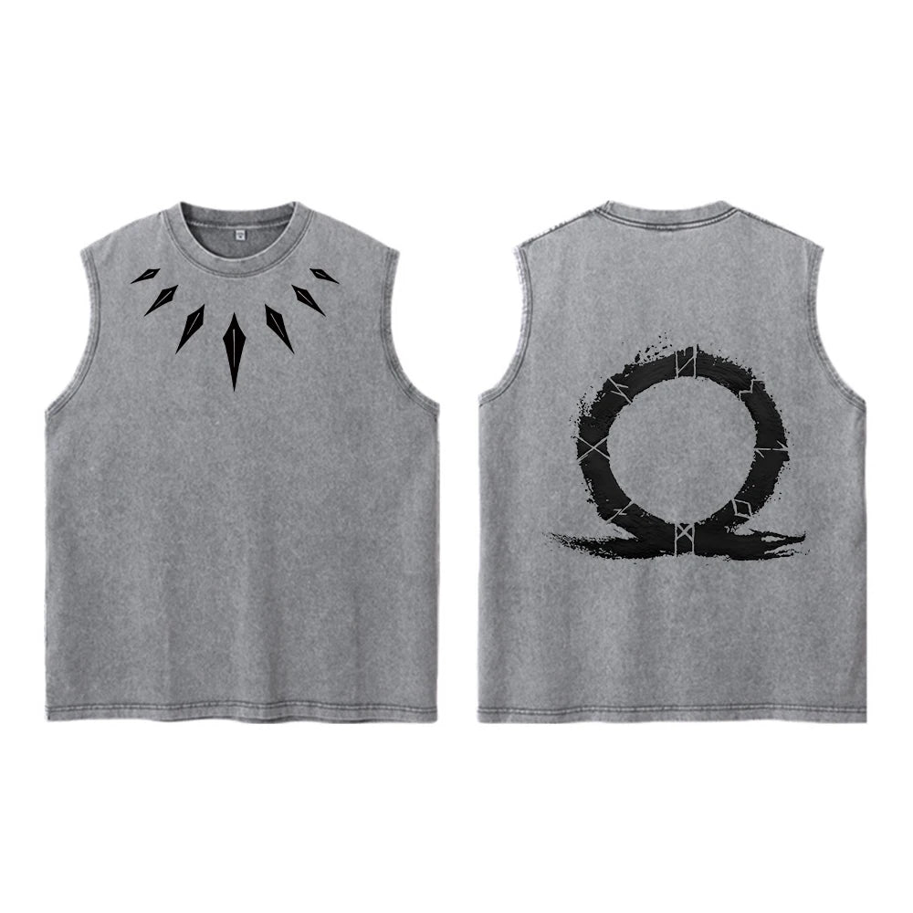 Men's Vintage Washed Vest Stylish Pure Cotton Printed Round Neck Sleeveless Top Summer Trendy Casual Loose Everyday Wear