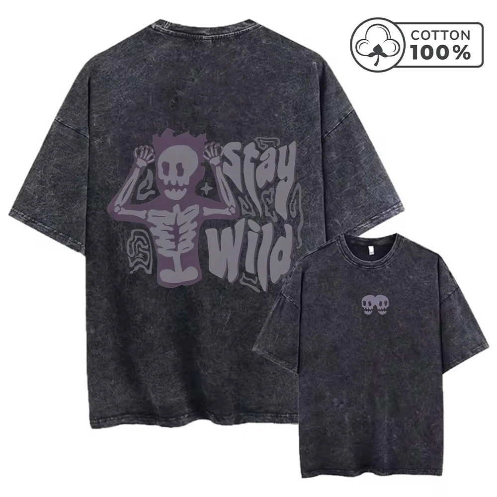 Men's Quirky Skull Print Retro Washed T-Shirt Summer Distressed Loose Casual Fashion Short Sleeved Fitness Commuter Top