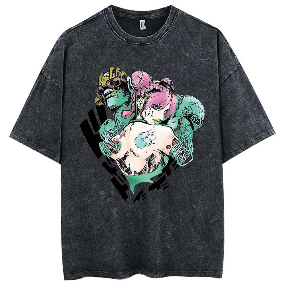 Y2k Washed T-shirts For Men Anime JoJo's Bizarre Adventure Short Tshirts Women Tops Graphic Printed TShirt Short Sleeve Unisex