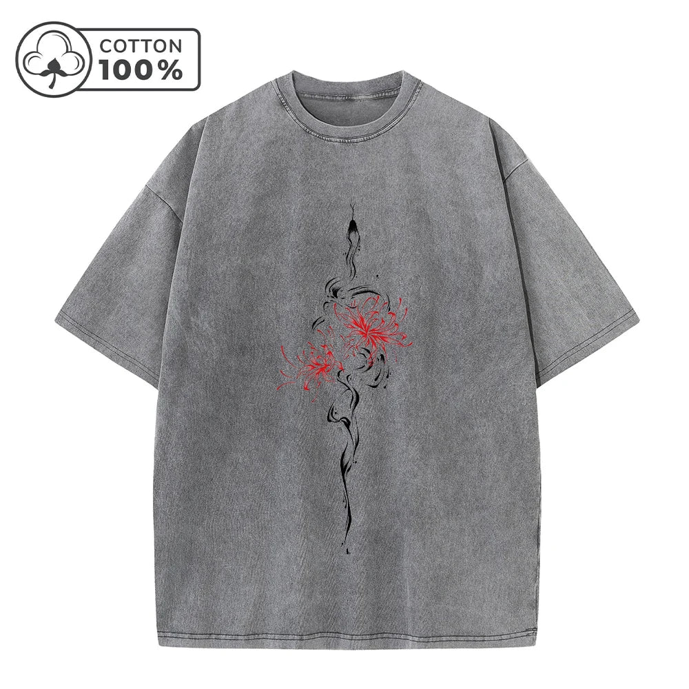 Men's Retro Casual Washed T-Shirt Summer Fashion Snake And Flower Print Pure Cotton Crew Neck Short Sleeve Street Commuter Top