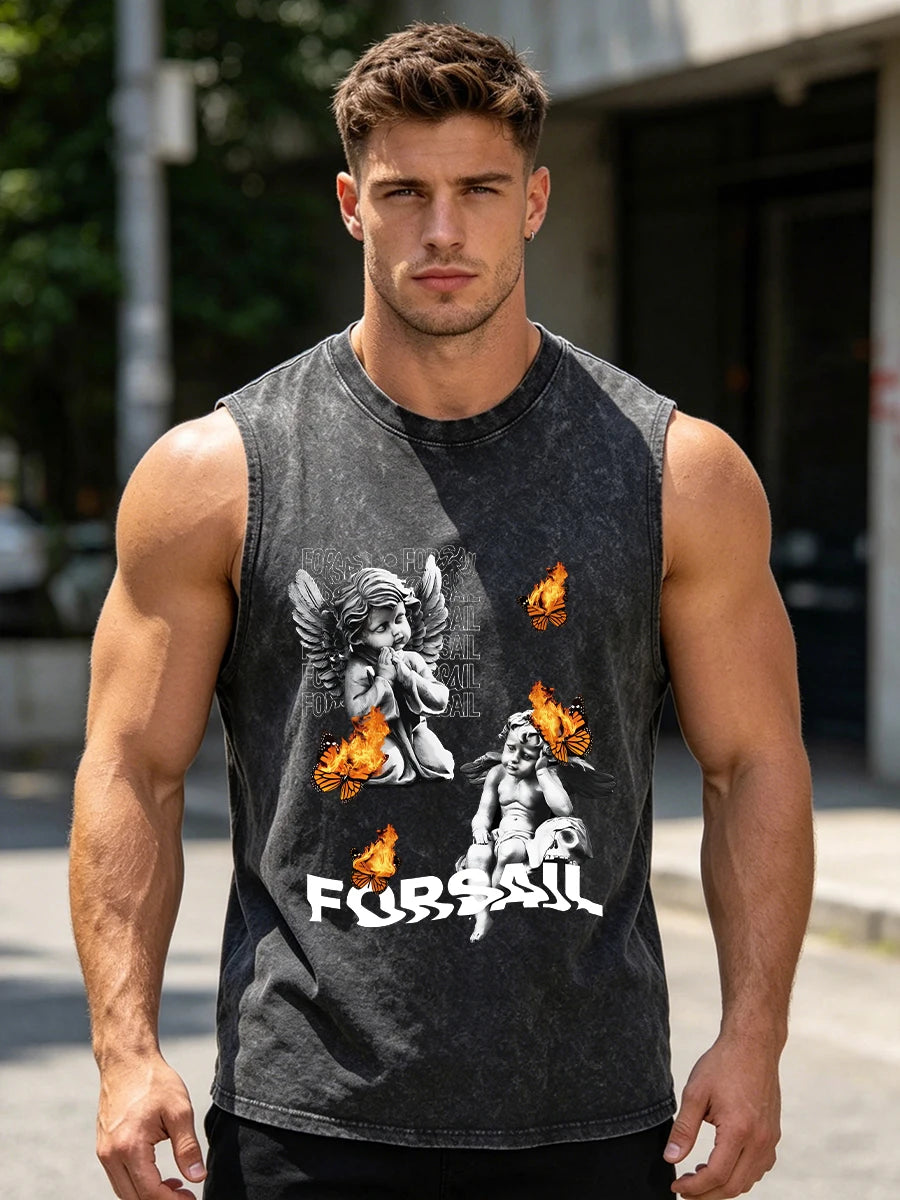 Men's Distressed Washed Vest Summer Casual Fashion Angel Print Pure Cotton Sleeveless T-Shirt Everyday Street Style Commute Top