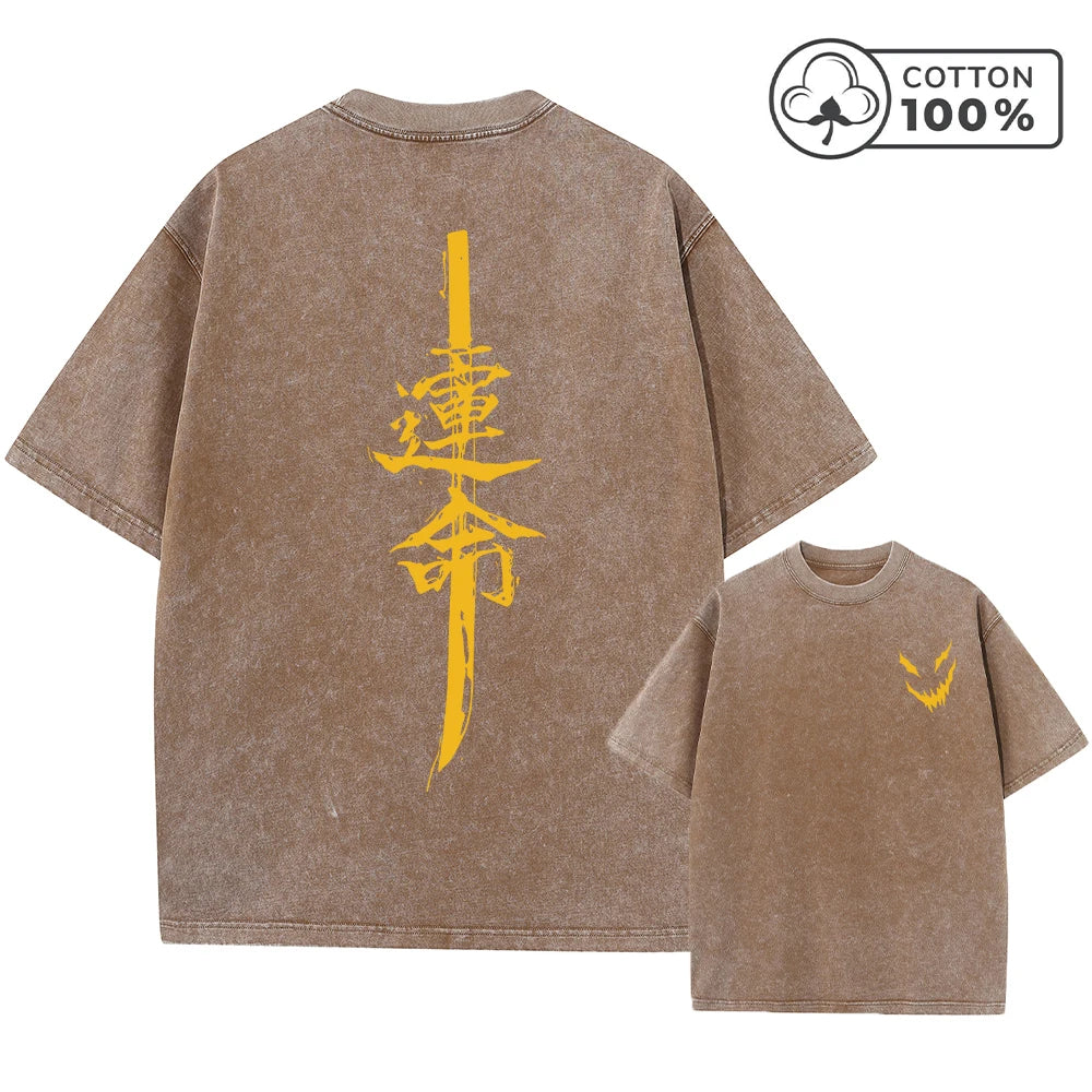 Men's Retro Washed T-Shirt With Evil Smiley Face And Knife Print Casual Pure Cotton Short Sleeved Street Style Commuter Top