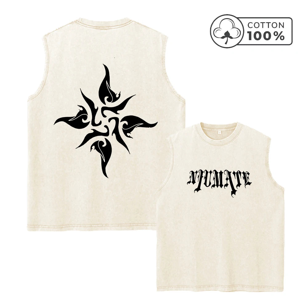 Men's Washed Vest With Gothic Text And Floral Print Pure Cotton Sleeveless Fitness T Shirt Loose Fit Casual Commuter Sports Top