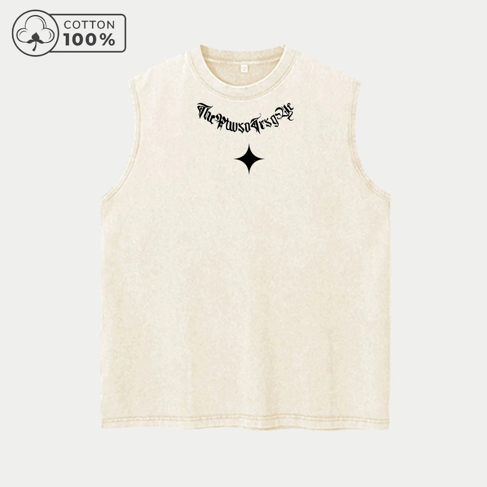 Men's Heavyweight Pure Cotton Washed Sleeveless Vest Fashionable Gothic Print Top Distressed Breathable Vest 2026 New Arrival