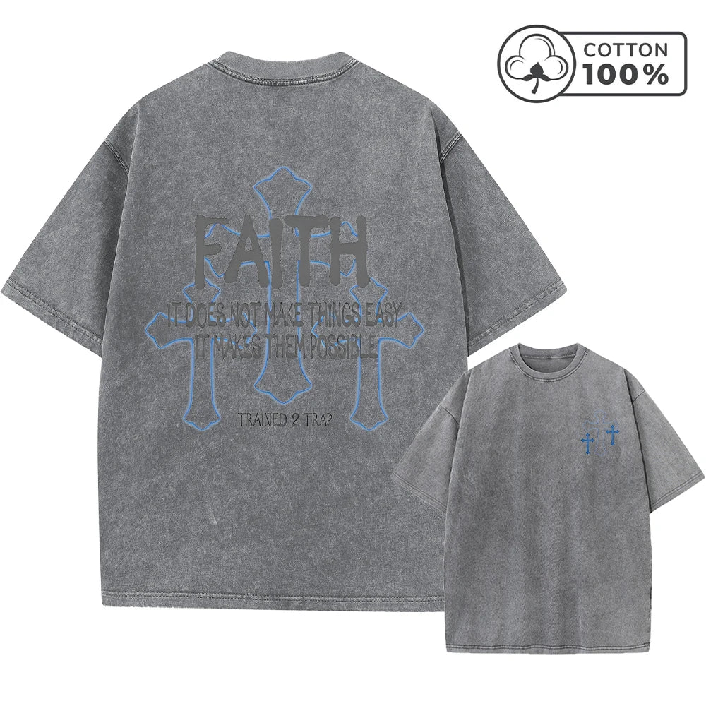Men's Distressed Cross Print Retro Washed T-Shirt Summer Distressed Loose Casual Fashion Short Sleeve Gym And Commuter Top