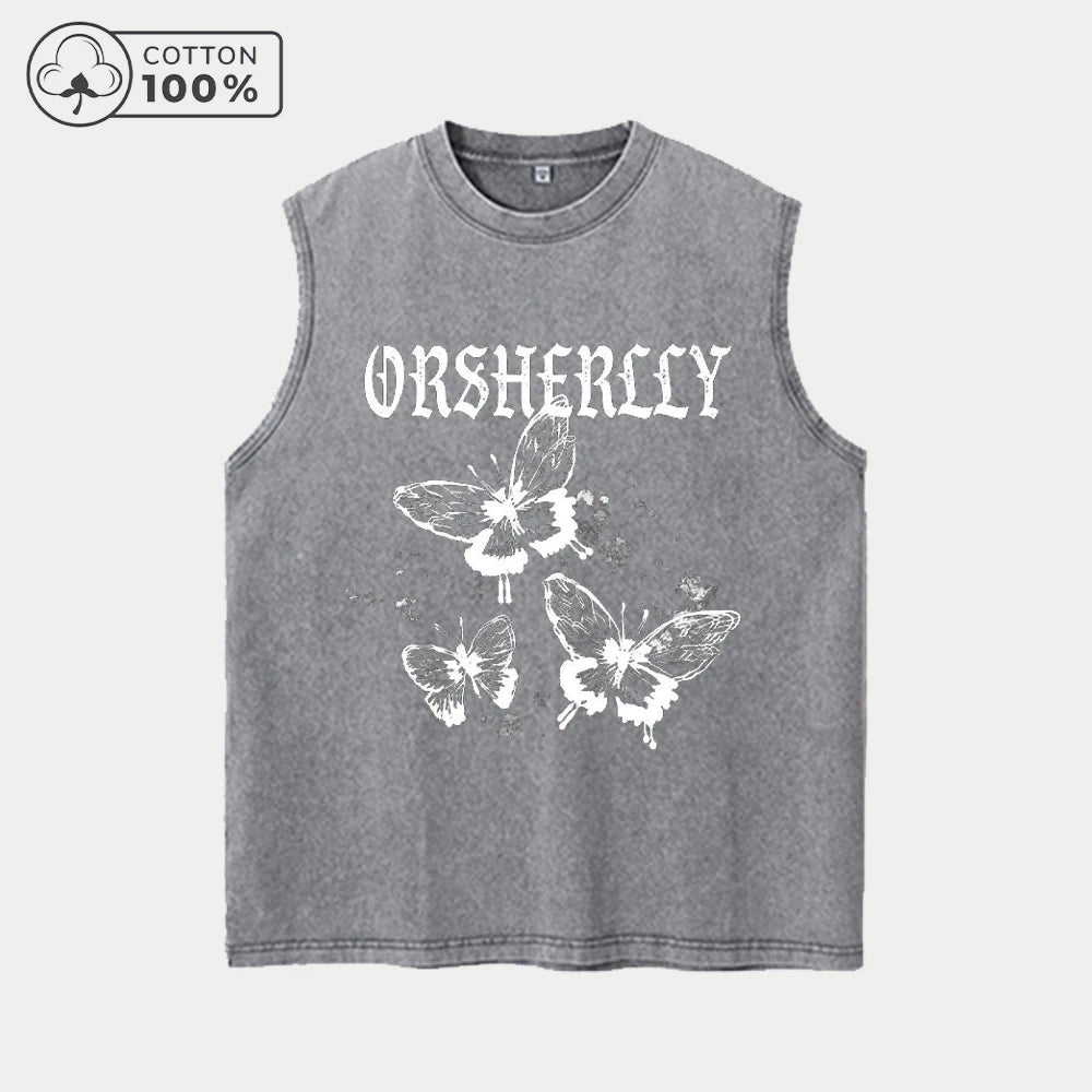 Men's Y2K Trendy Butterfly Print Retro Washed Vest Summer Fitness Daily Commute Top Casual Fashion Street Style Pure Cotton Vest