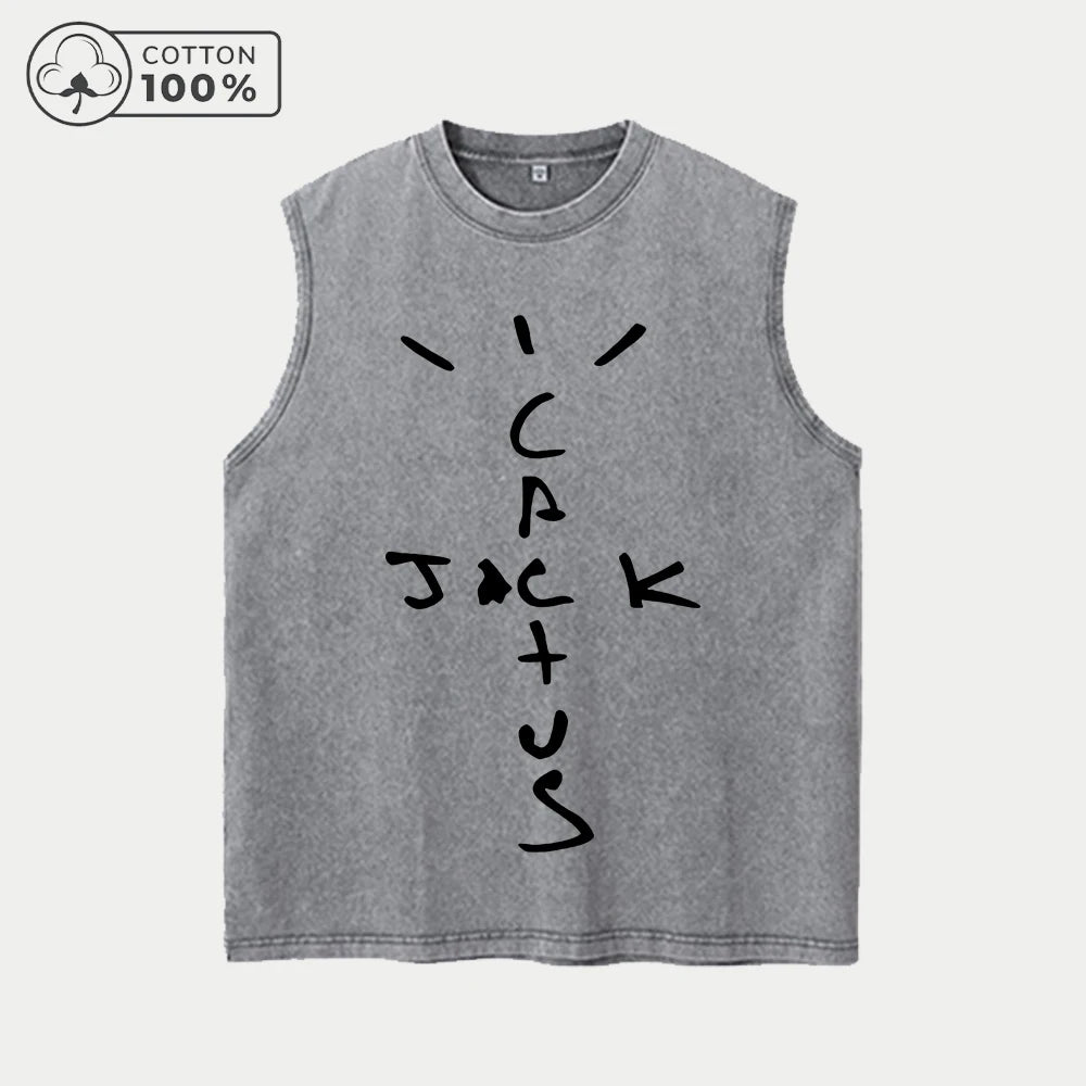 Men's Fashion Washed Vest With Cartoon Word Print Pure Cotton Sleeveless Fitness T Shirt Loose Fit Casual Commuter Sports Top