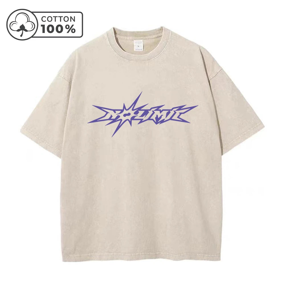 Men's Creative Purple Word Print Distressed Washed T-Shirt Loose Fit Casual Pure Cotton Crew Neck Short Sleeve Daliy Commute Top
