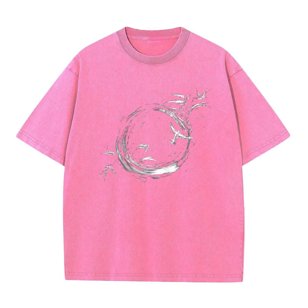 Summer Creative Print Washed T-Shirt Loose Casual Fashion Retro Street Style Short Sleeve Top For Everyday Commute Unisex