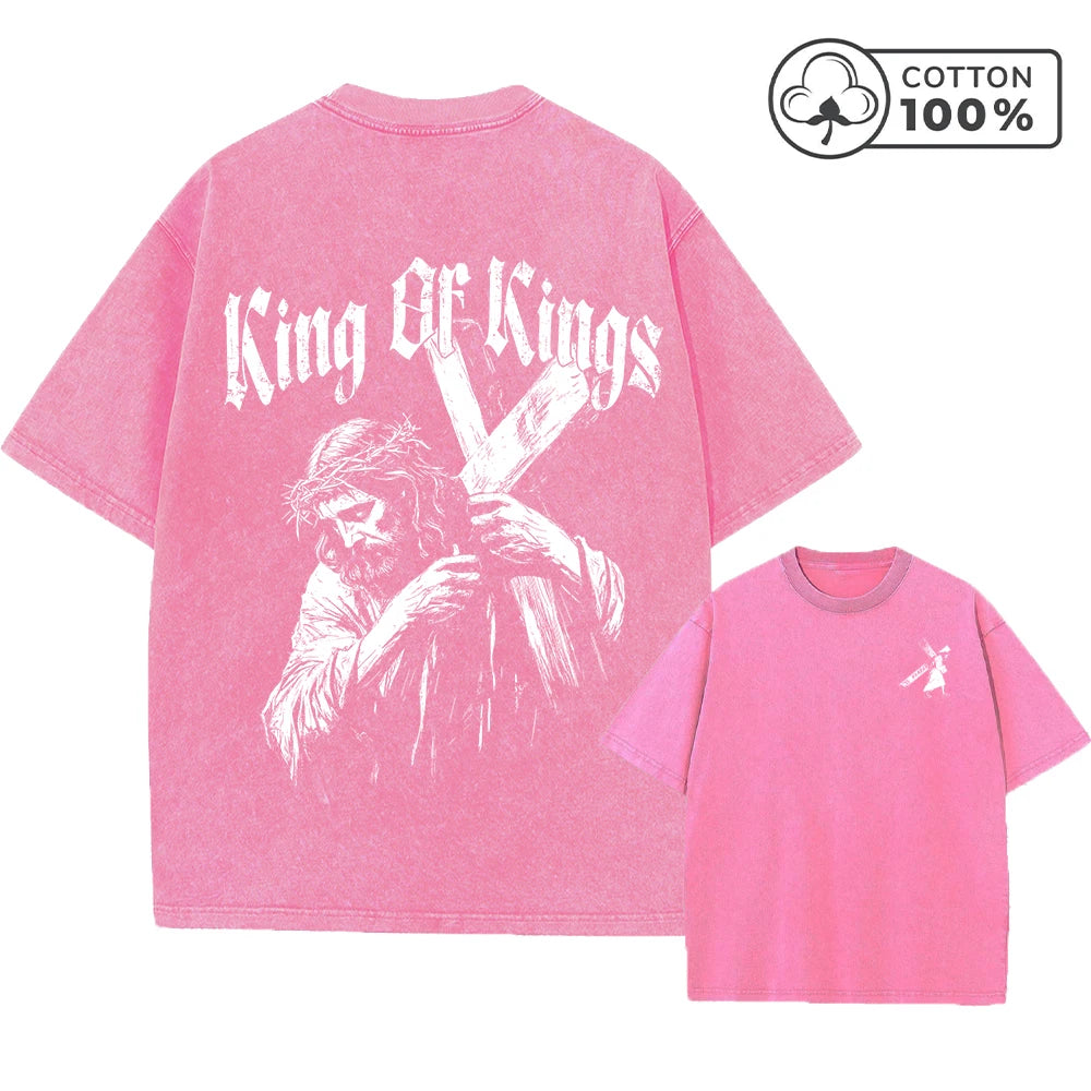 Men's Trendy Jesus Cross Print Distressed Washed T-Shirt Loose Casual Pure Cotton Crew Neck Short Sleeve Daily Commute Top