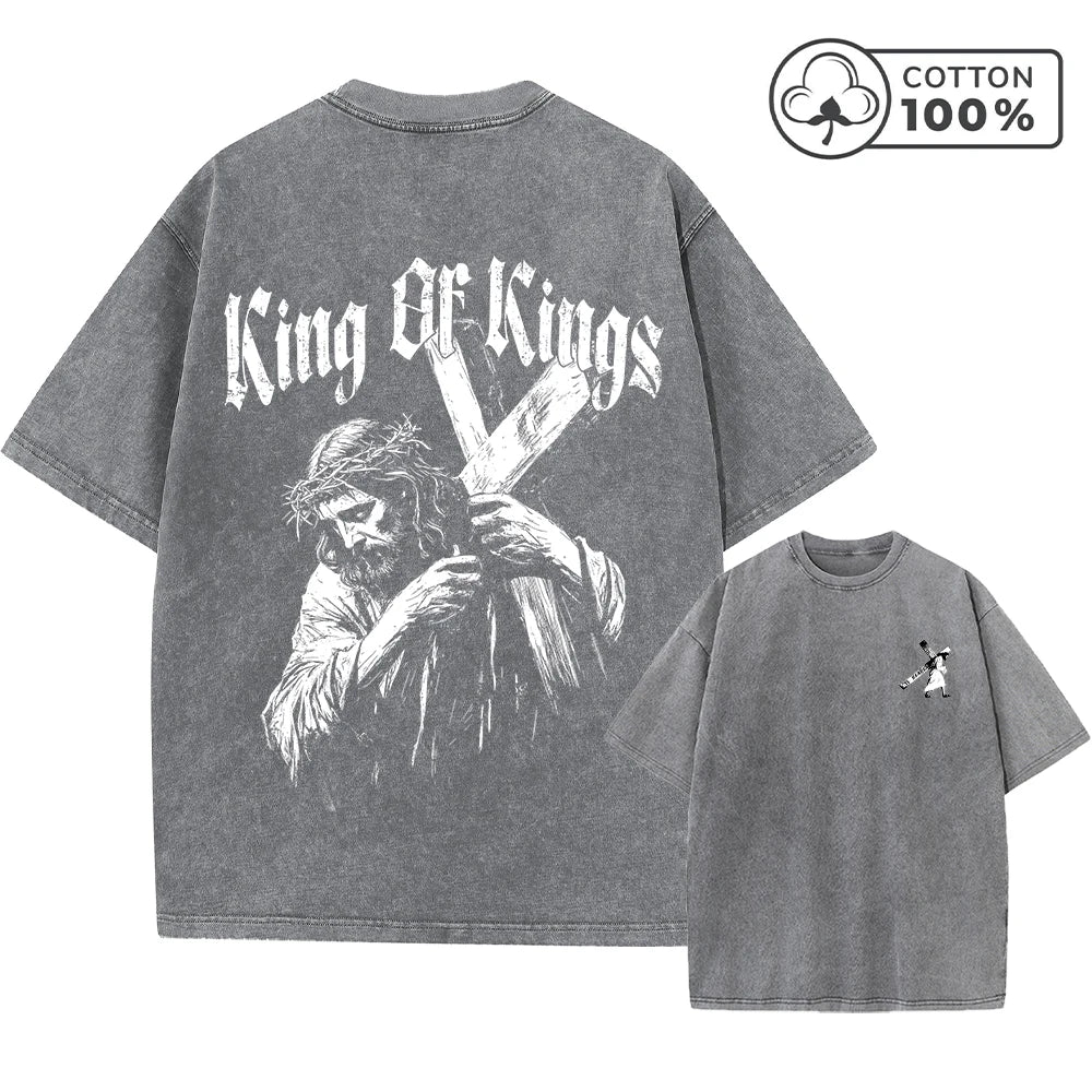Men's Trendy Jesus Cross Print Distressed Washed T-Shirt Loose Casual Pure Cotton Crew Neck Short Sleeve Daily Commute Top