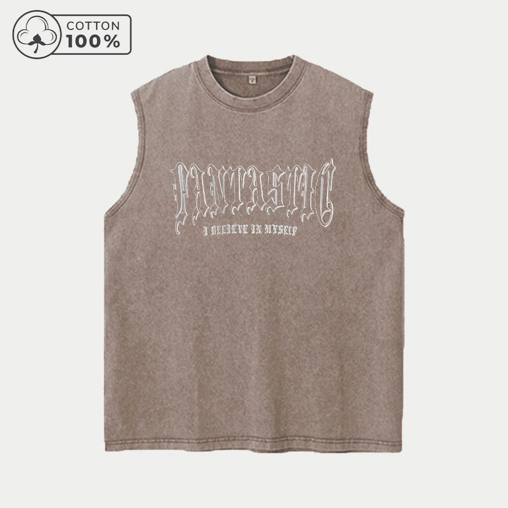 Men's Star And Letter Print Washed Vest Retro Street Style Loose Fitting Pure Cotton Sleeveless Top Summer Gym And Commute Vest
